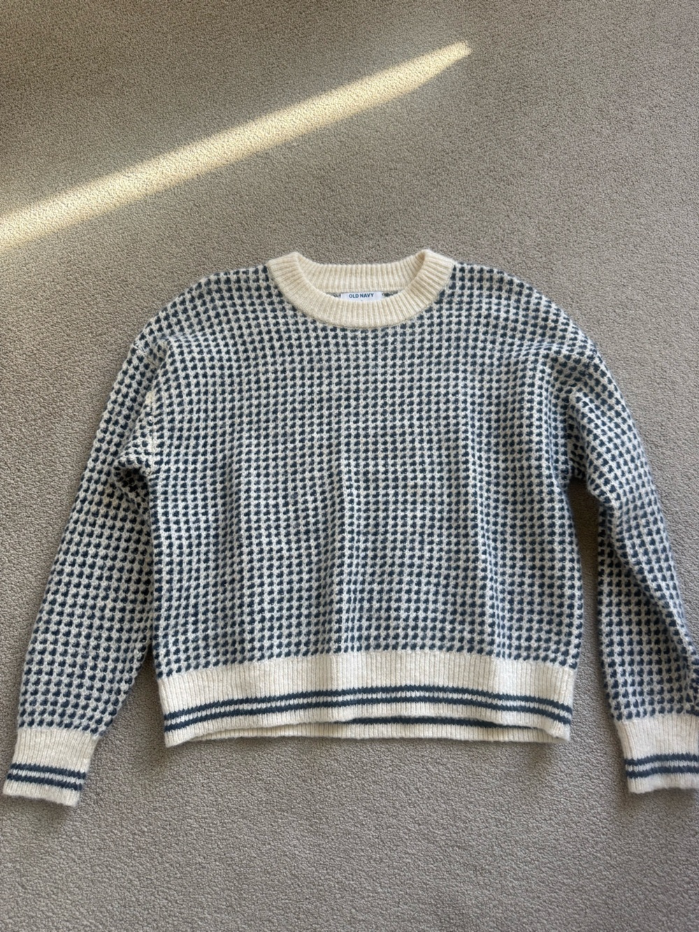 Old Navy Blue and Cream Textured Crewneck Sweater